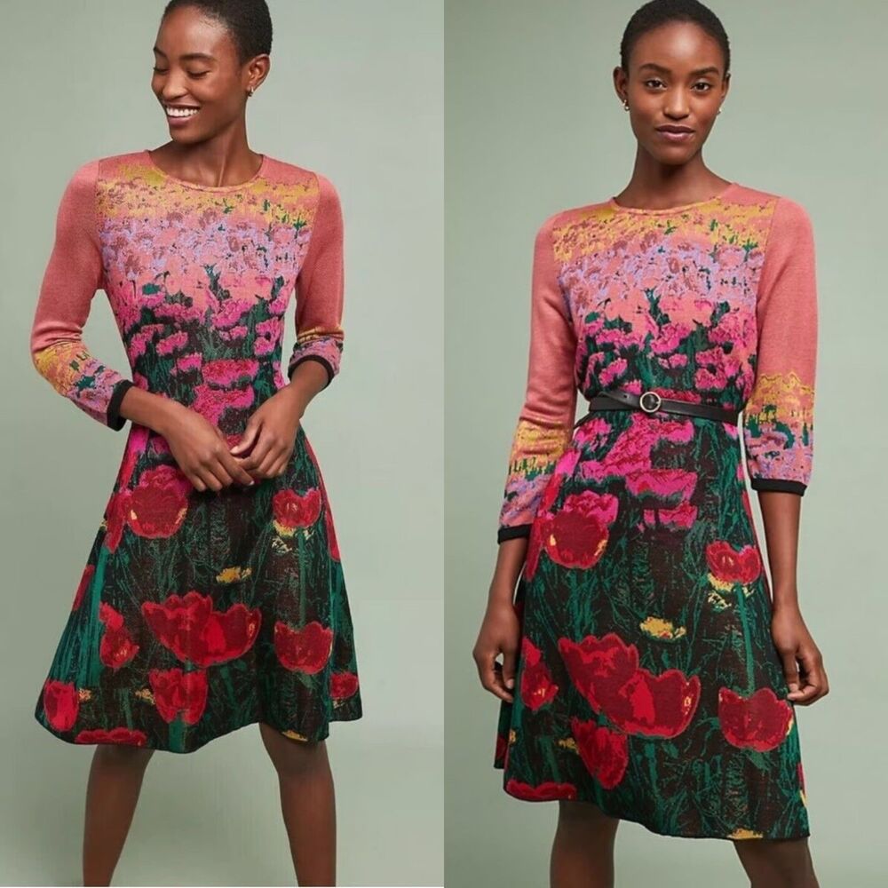 Anthropologie Aldomartins Lisse Floral Sweater Dress Size M Bamboo